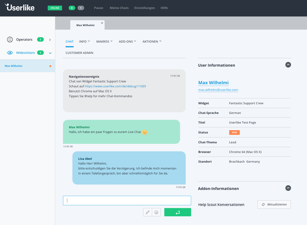 Chat-Makros können im Chat Panel ausgewählt werden