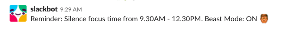 screenshot of slackbot's message reminding of silent time in Slack