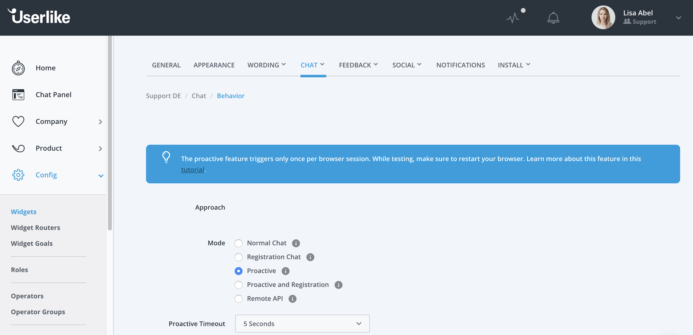 Chat Widget Editor approach mode.