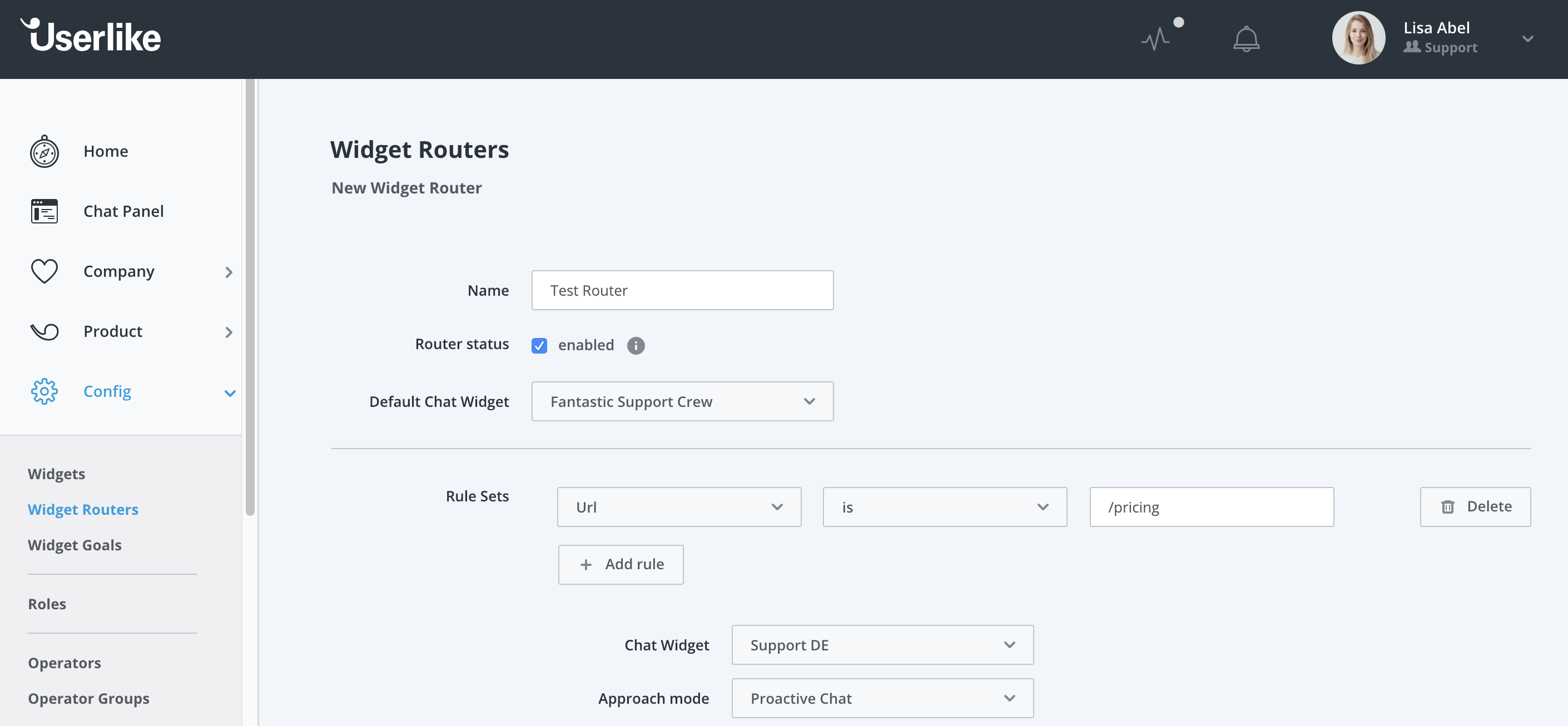 Widget Router setup in Userlike Dashboard.