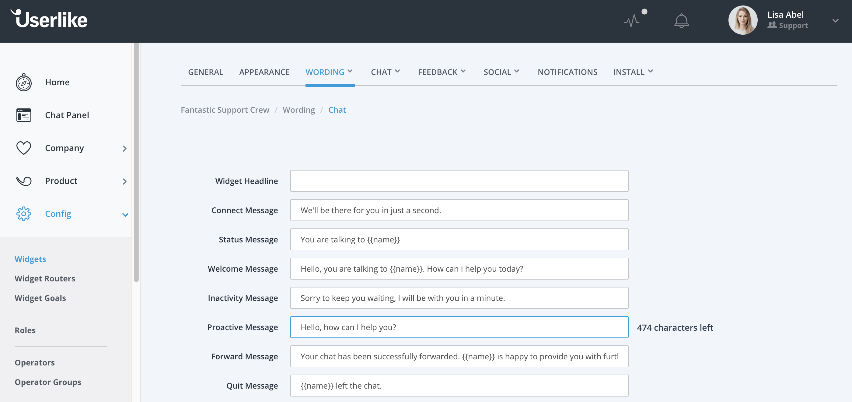 Widget Editor wording section.