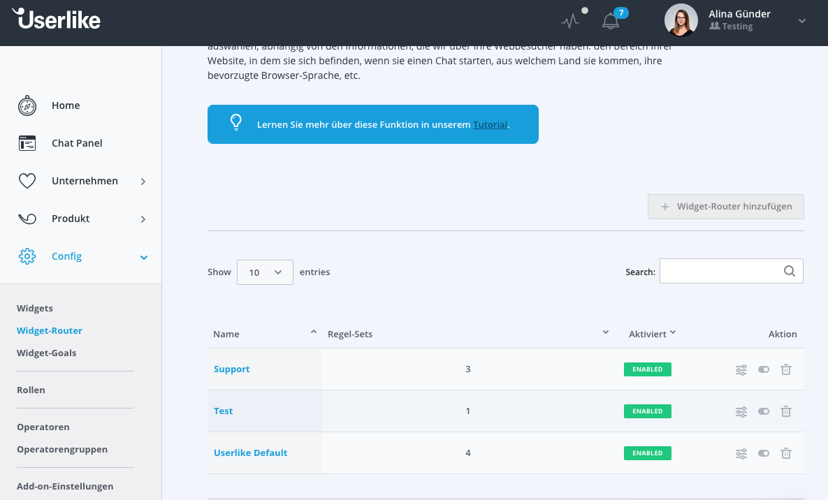 Screenshot von Userlikes Backend zur Definition von Chat-Einladungen.