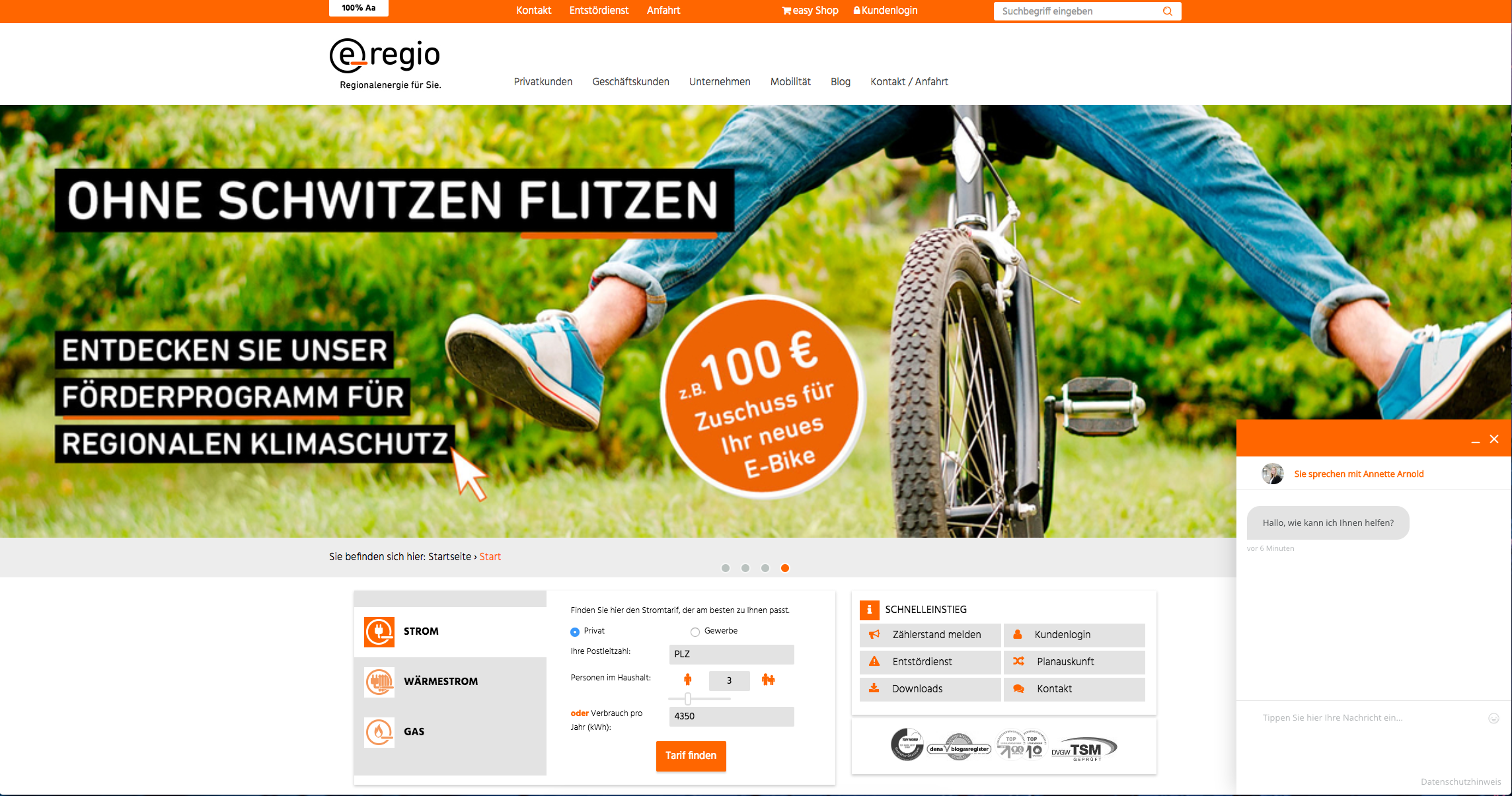 Screenshot von e-regio-Website mit Live Chat.
