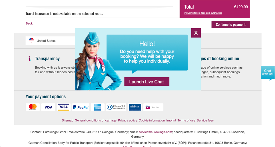 Screenshot der Eurowings Website mit Live Chat