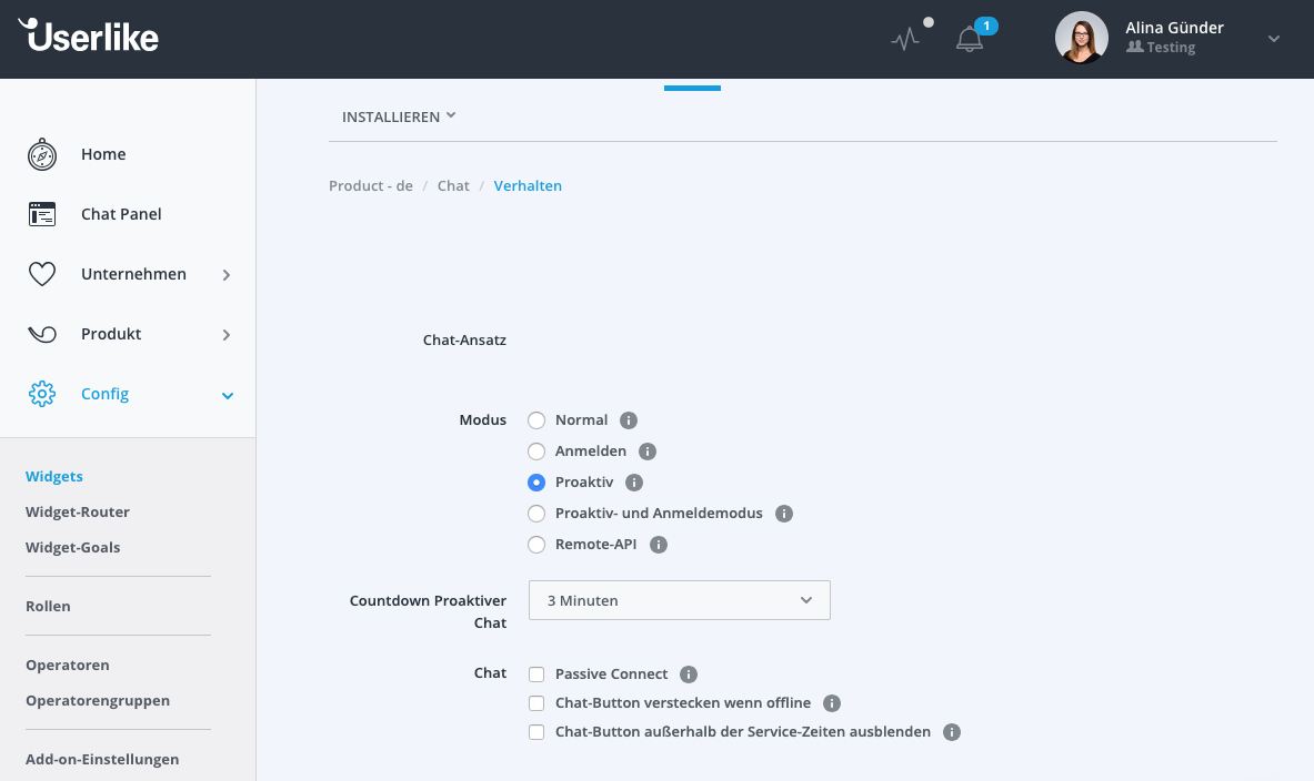 Screenshot von Userlike Backend für Auswahl von proaktivem Chat.