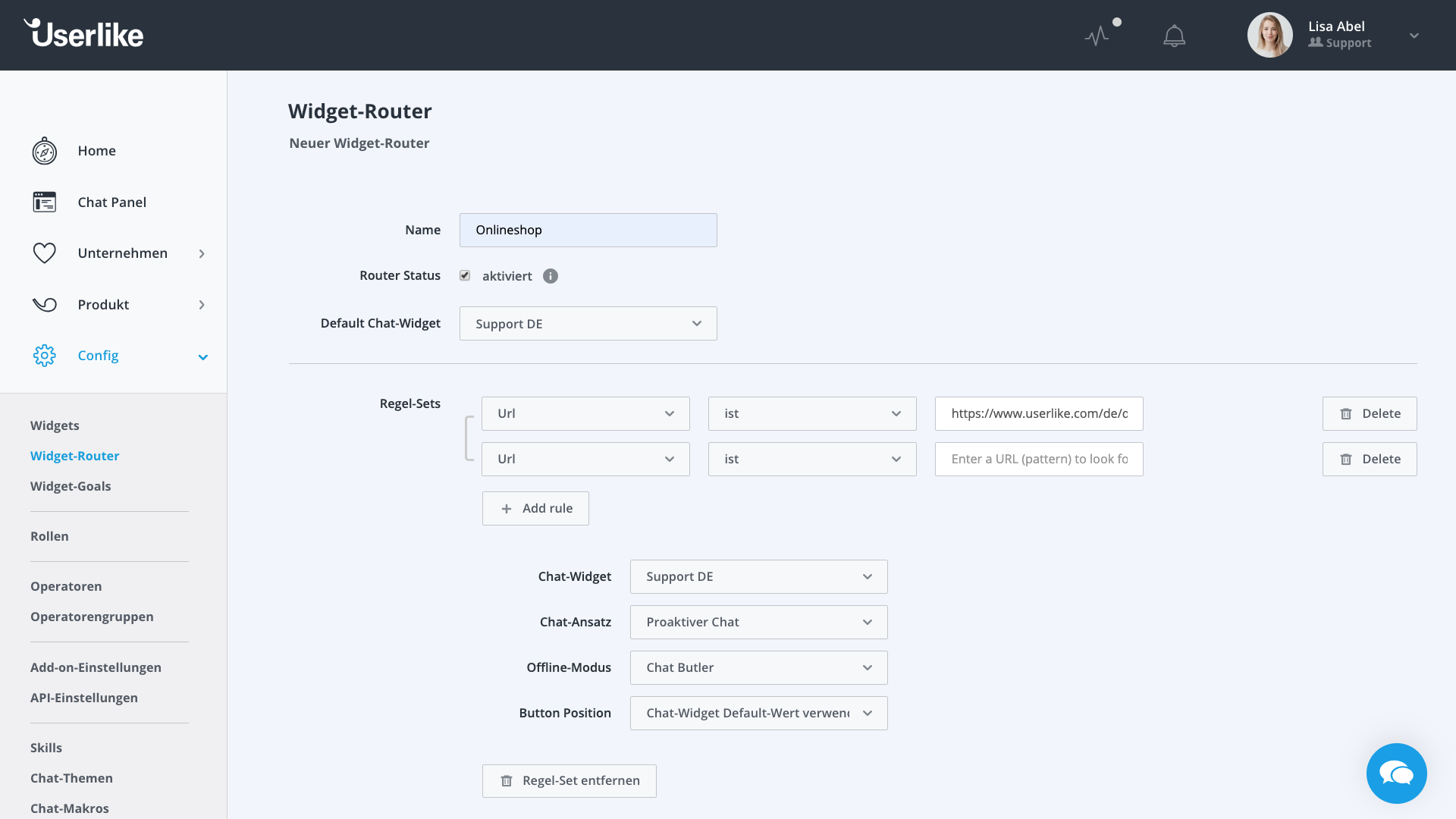 Screenshot von Userlike Backend für die Definition des Widget Routing.