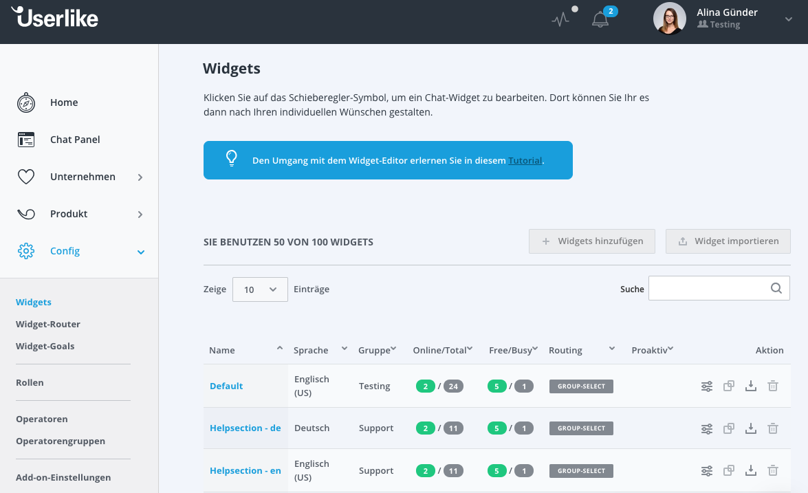 Screenshot von Userlike Backend für die Erstellung individueller Widgets.