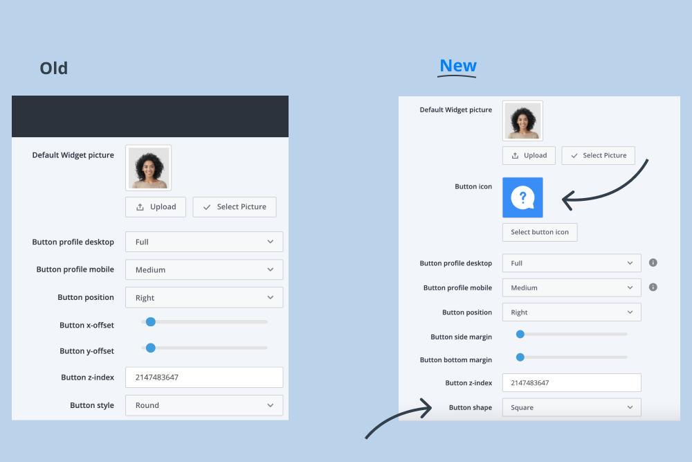 A screenshot of the Widget Editor in the Userlike Dashboard showing the button design options