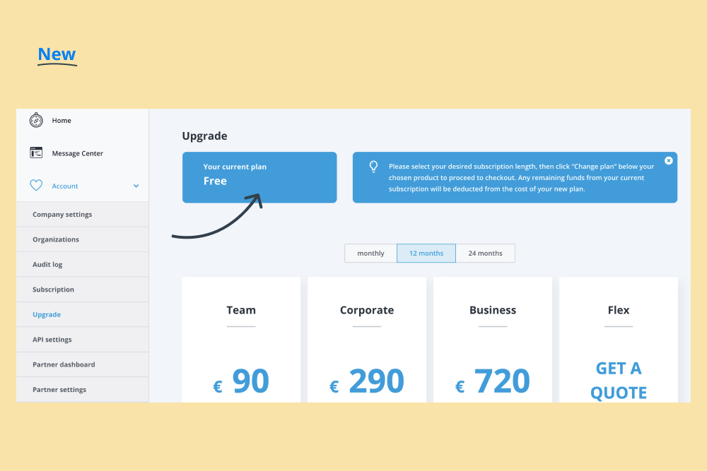 A screenshot of the Upgrade page in the Userlike Dashboard Account settings
