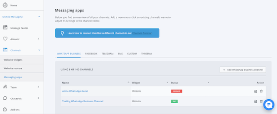 screenshot of the messaging apps settings in the Userlike Dashboard