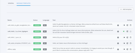 screenshot of the WhatsApp template message settings in the Userlike Dashboard
