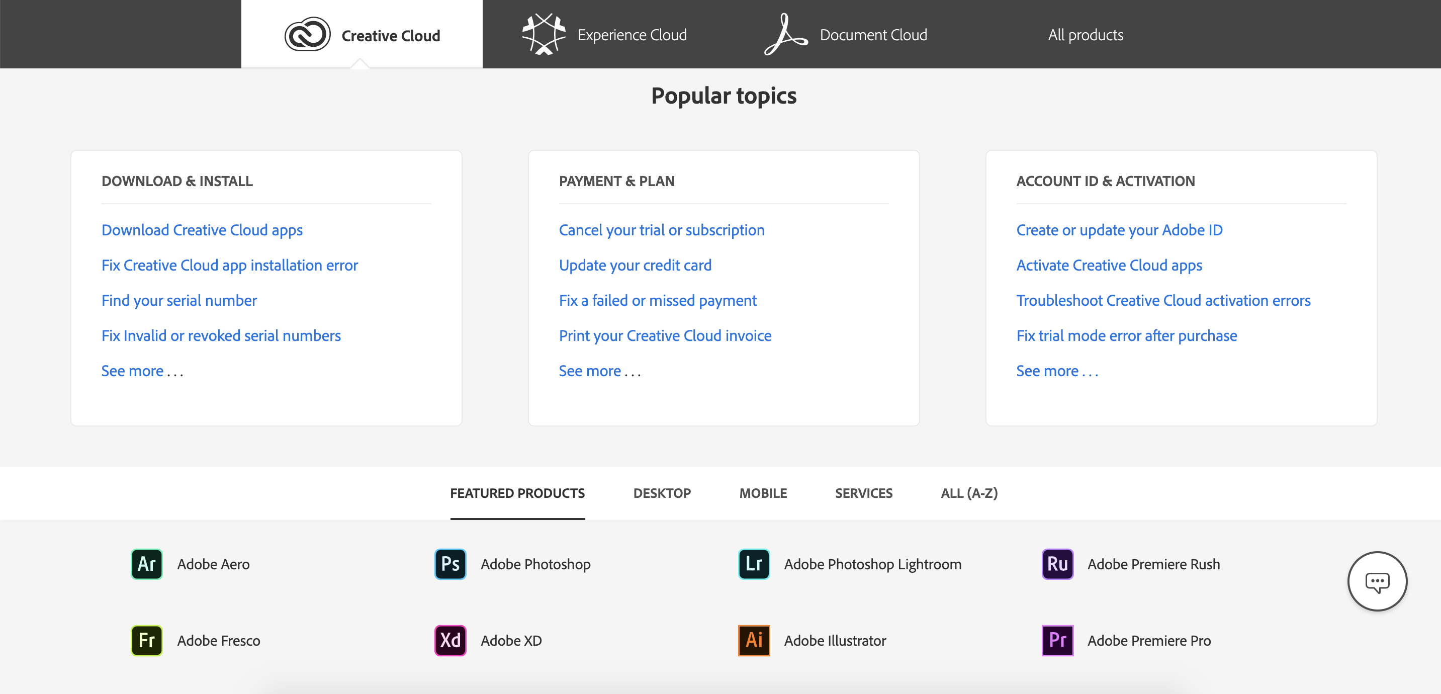 Screenshot of Adobe's FAQ page