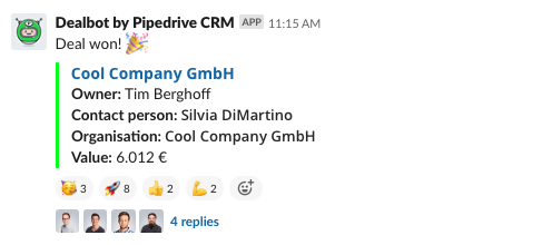 screenshot of a deal won in pipedrive
