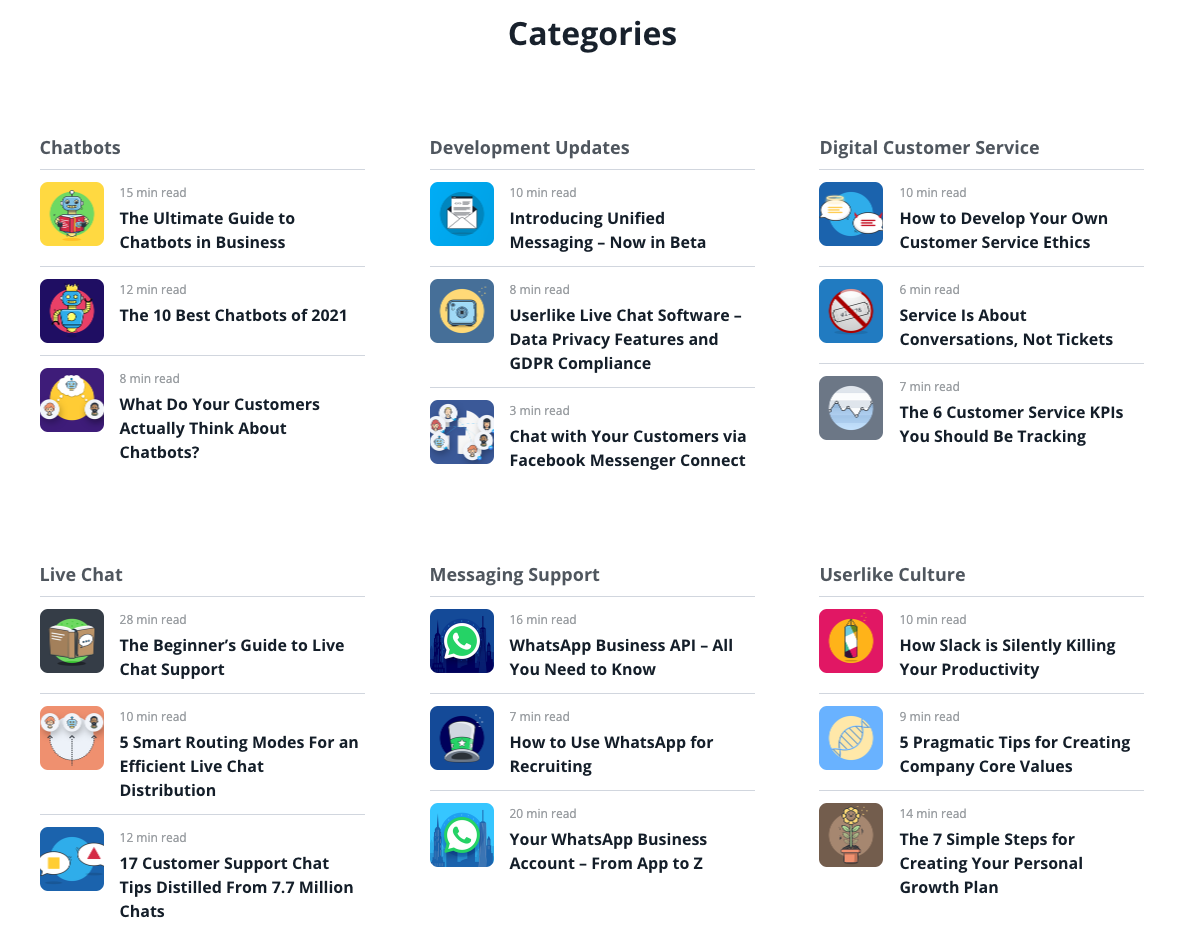 Screenshot of our blog categories overview