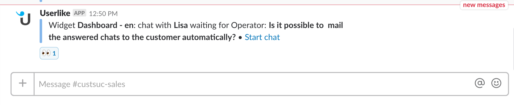 Example of Userlike in Slack with an emoji to indicate a claim.