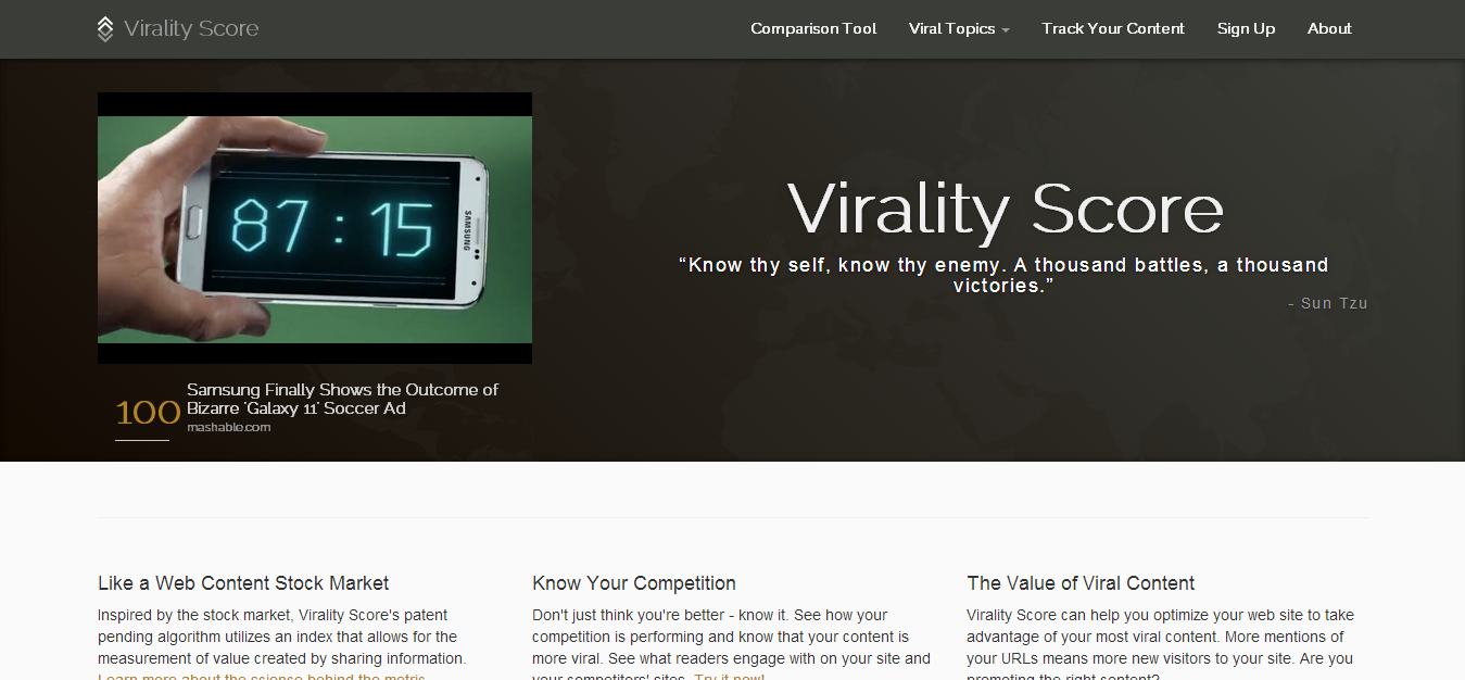 screenshot of website landing page virality score
