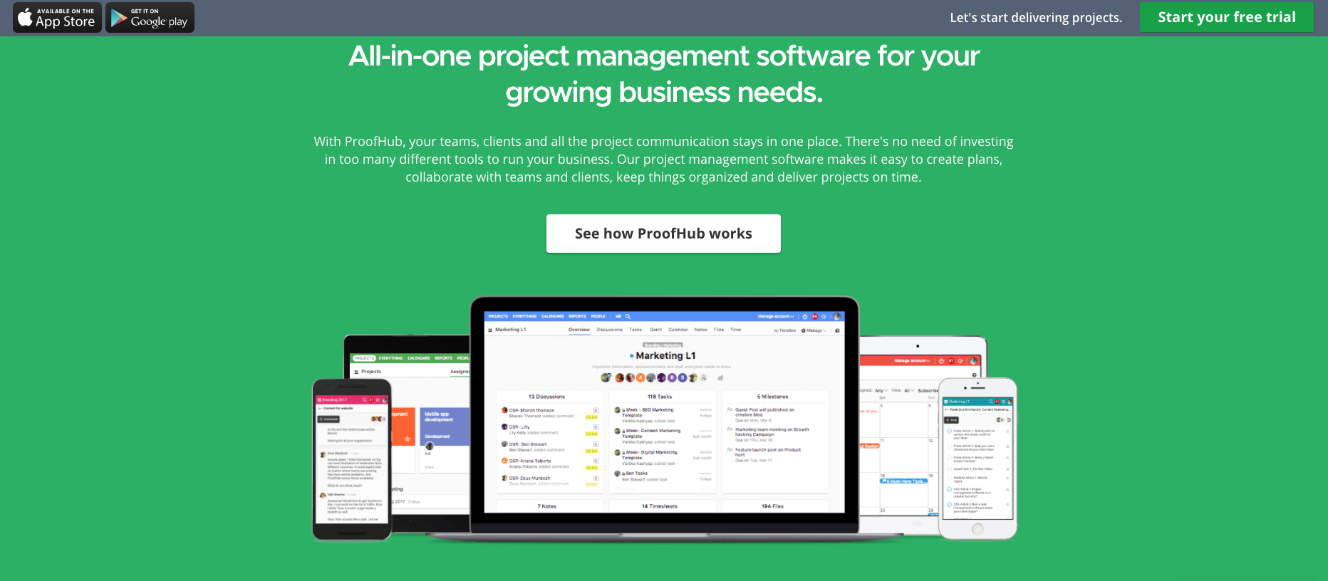 Screenshot of ProofHub's landing page.