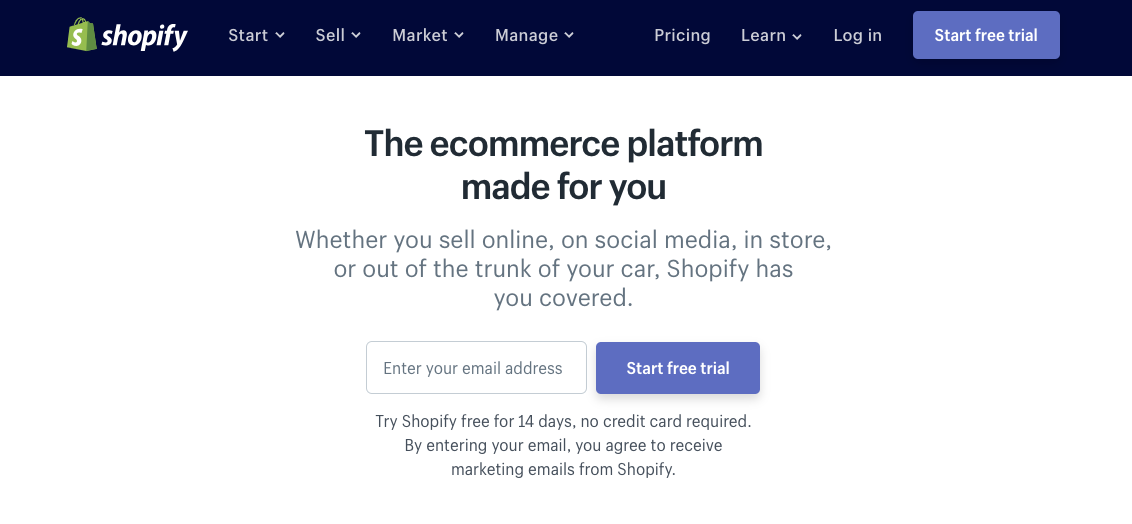 Screenshot of Shopify's landing page.