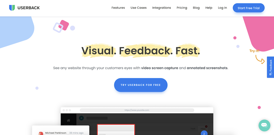 Screenshot of Userback's website