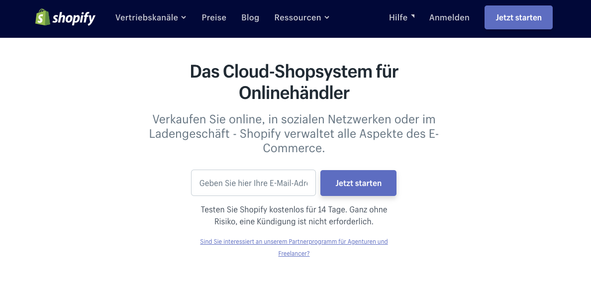 screenshot der Shopify Webseite