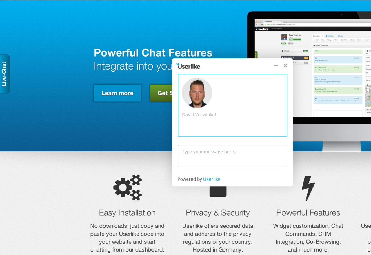 screenshot of Userlike page and chat widget