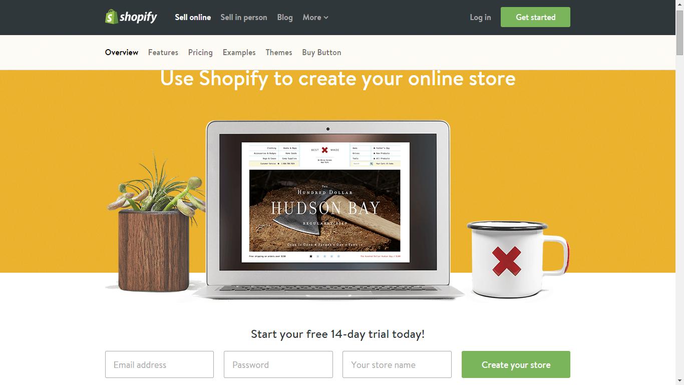 screenshot of shopify landing page