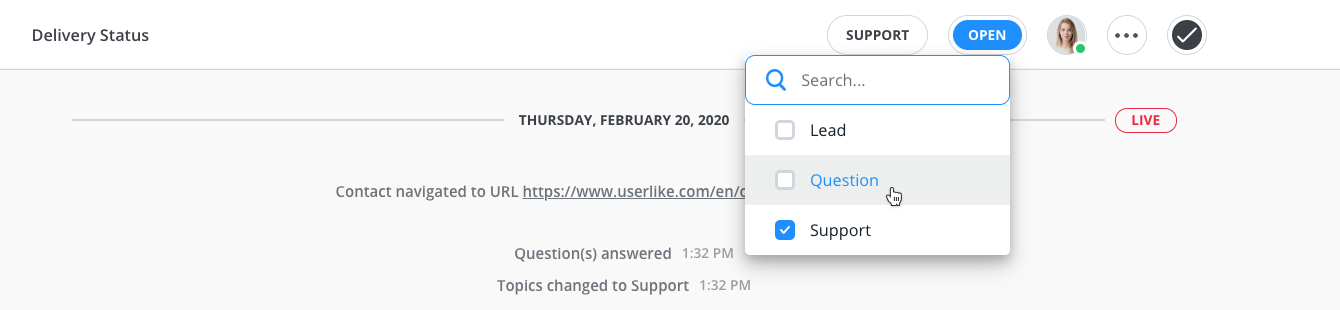 A screenshot of the Userlike action bar in the Message Center