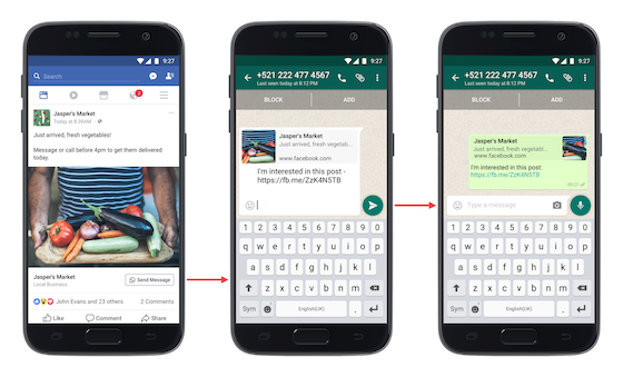 Clicking on 'Send Message' in Facebook opens the ad in WhatsApp and then a conversation with the ad in the message.