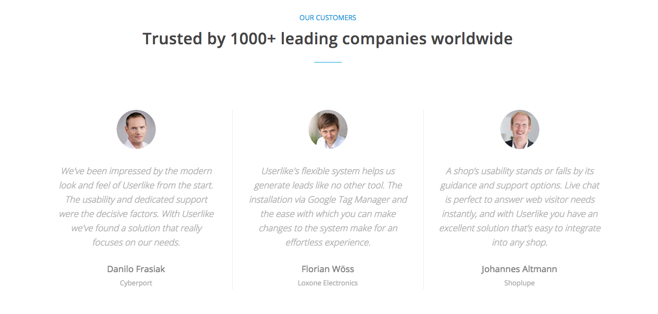 Expert testimonials on Userlike homepage