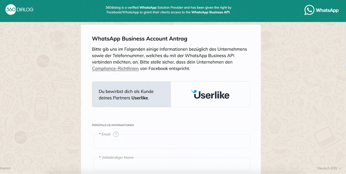 Das Anmeldeformular von 360dialog und Userlike