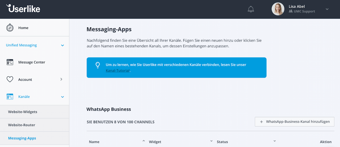 Einstellungen zu WhatsApp-Business-Kanal im Userlike Dashboard