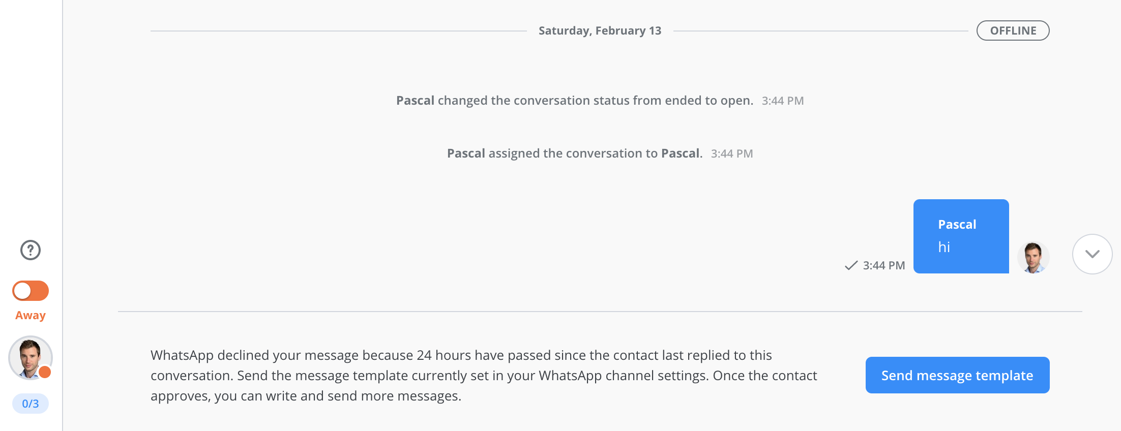 Screenshot showing notification message within Userlike's Message Center that the use of a template message is requires.
