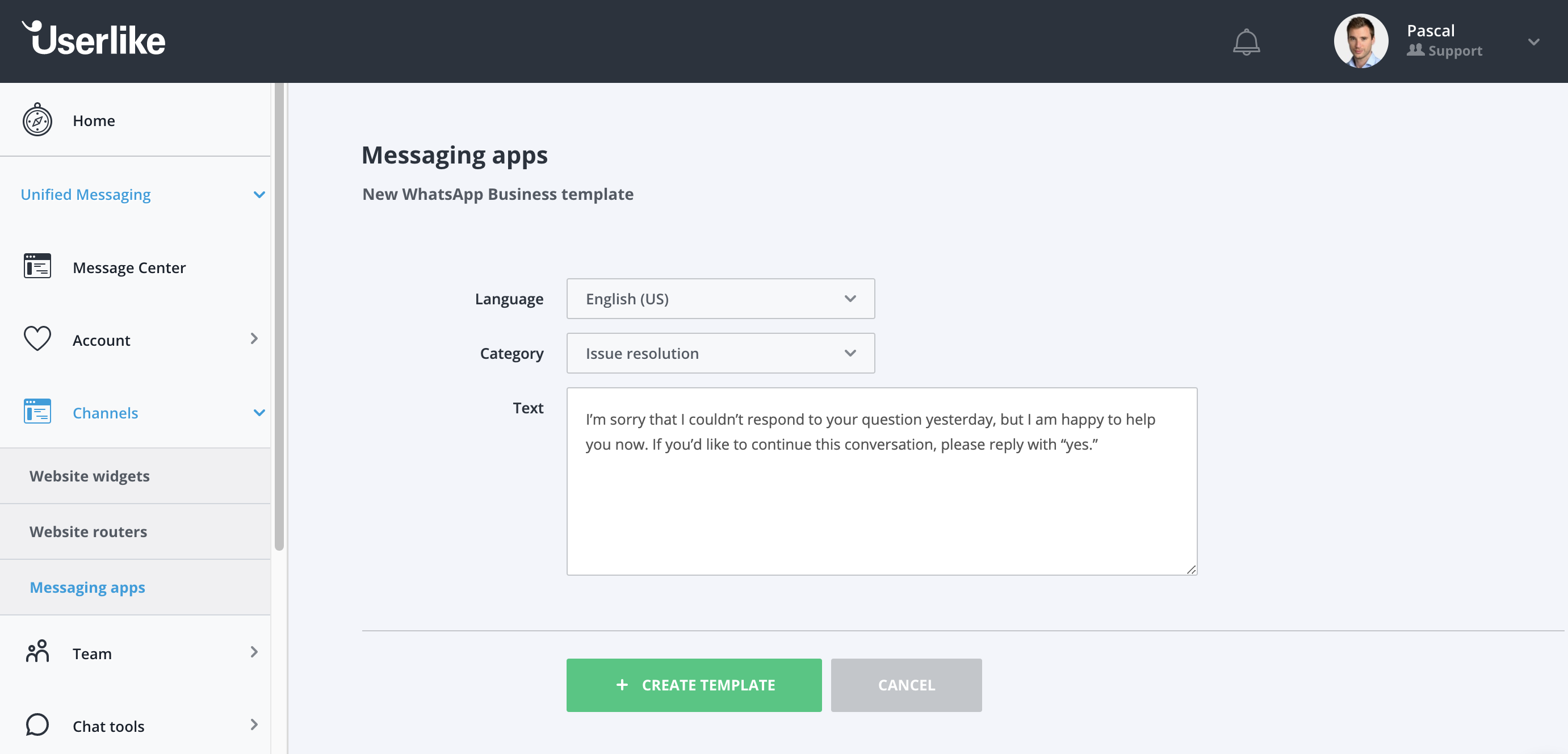 Screenshot showing how to create a WhatsApp template within Userlike.