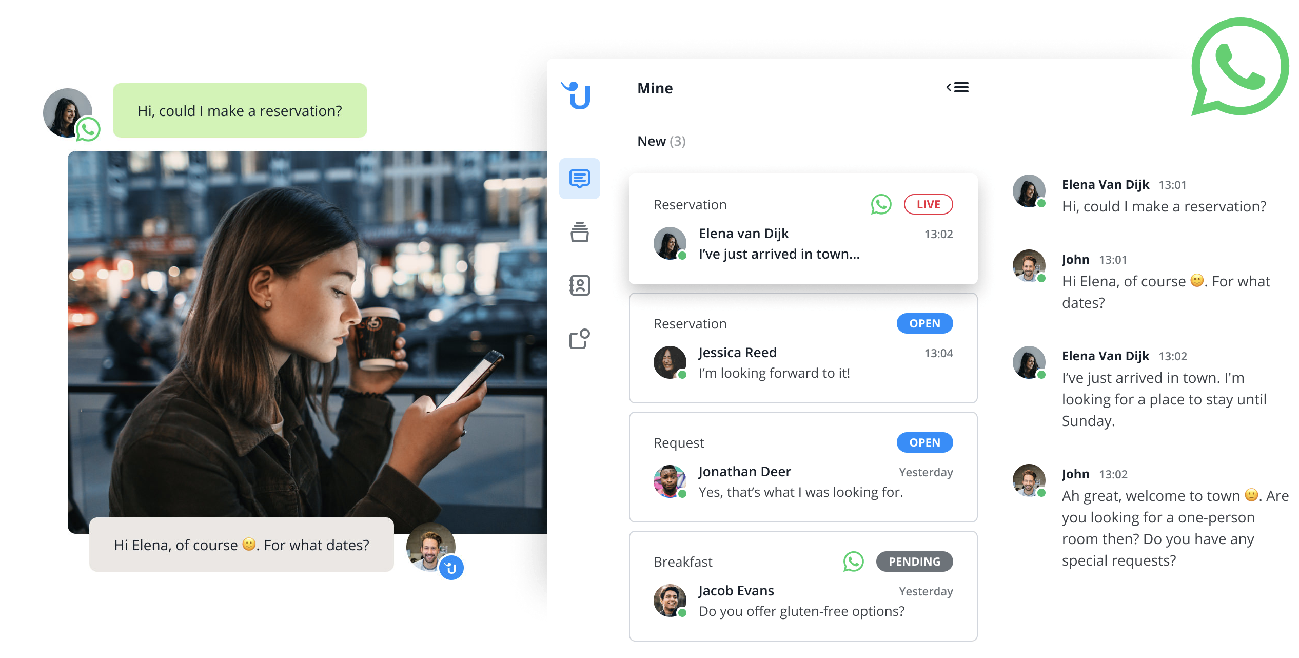 Image of Userlike's Message Center with sample customer conversations.