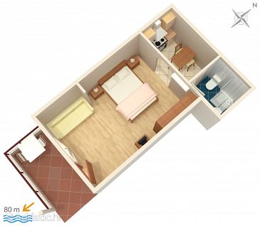 Plan Makarska, Plan u smještaju tipa studio-apartment, dopusteni kucni ljubimci i WIFI.