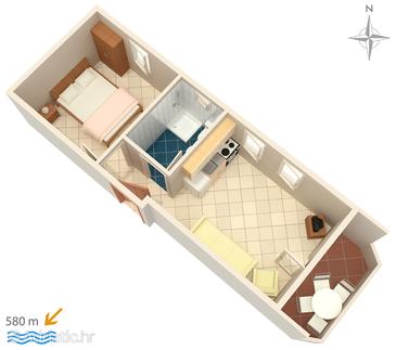 Plan Stara Novalja, Plan u smještaju tipa apartment, dopusteni kucni ljubimci i WIFI.