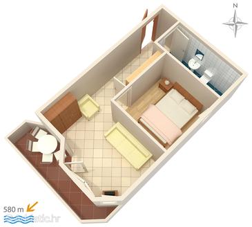 Plan Stara Novalja, Plan u smještaju tipa apartment, dopusteni kucni ljubimci i WIFI.