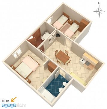 Plan Novalja, Plan u smještaju tipa apartment, dopusteni kucni ljubimci.