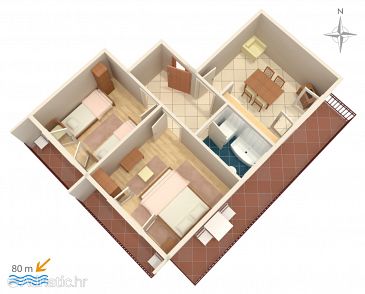 Plan Vodice, Plan u smještaju tipa apartment, dopusteni kucni ljubimci i WIFI.