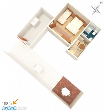 Plan Podaca, Plan u smještaju tipa studio-apartment, dopusteni kucni ljubimci i WIFI.