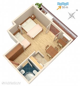 Plan Saplunara, Plan u smještaju tipa studio-apartment, dopusteni kucni ljubimci i WIFI.