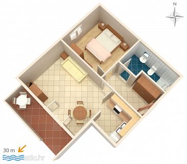 Plan Novalja, Plan u smještaju tipa apartment, dopusteni kucni ljubimci i WIFI.