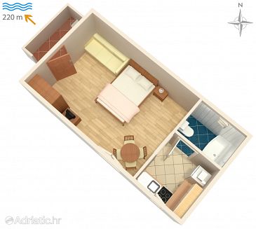 Půdorys Fažana, Půdorys u smještaju tipa studio-apartment, dopusteni kucni ljubimci i WIFI.