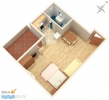 Plan Mali Rat, Plan u smještaju tipa studio-apartment, dopusteni kucni ljubimci i WIFI.