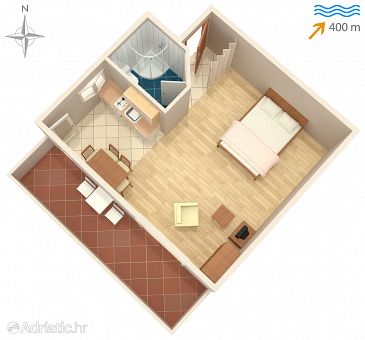Plan Ždrelac, Plan u smještaju tipa studio-apartment, dopusteni kucni ljubimci i WIFI.