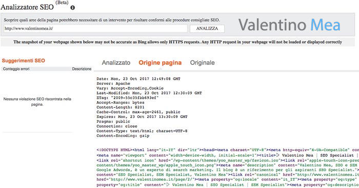Analizzatore SEO Bing Webmaster Tools