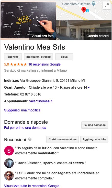 Esempio scheda Google my Business