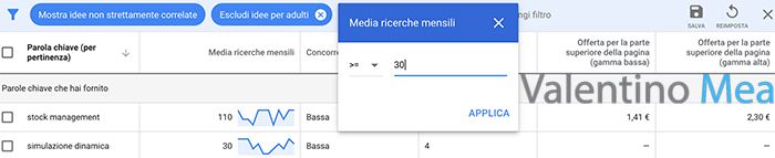 Keyword Planner filtri parole chiave
