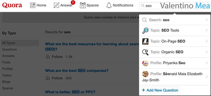 Esempio ricerca keyword con Quora