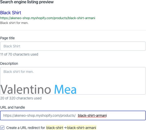 Shopify modificare URL delle pagine